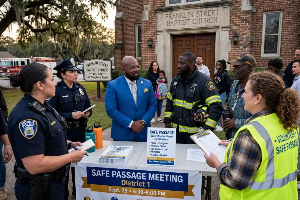 Illustration for the news story: Safe Passage Meeting Shows District 1 How Police, Firefighters and Volunteers Walk Students Home