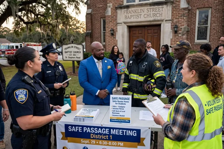 Illustration for the news story: Safe Passage Meeting Shows District 1 How Police, Firefighters and Volunteers Walk Students Home