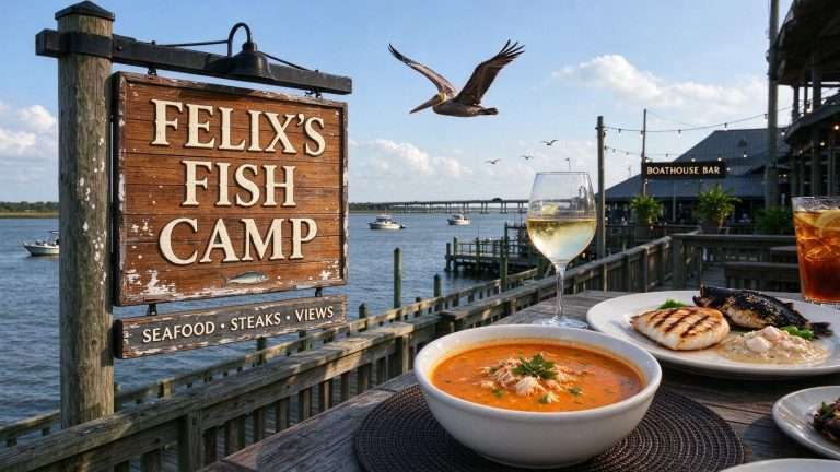 Illustration for the news story: Crab Soup and a Causeway View: Felix’s Fish Camp Feels Like Royalty on Mobile Bay