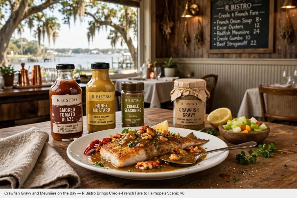 Illustration for the news story: Crawfish Gravy and Meunière on the Bay: R Bistro Serves Creole-French Fare in Fairhope