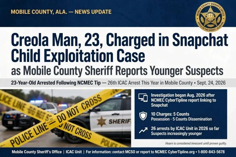 Illustration for the news story: Creola Man, 23, Charged in Snapchat Child Exploitation Case as Mobile County Sheriff Reports Younger Suspects
