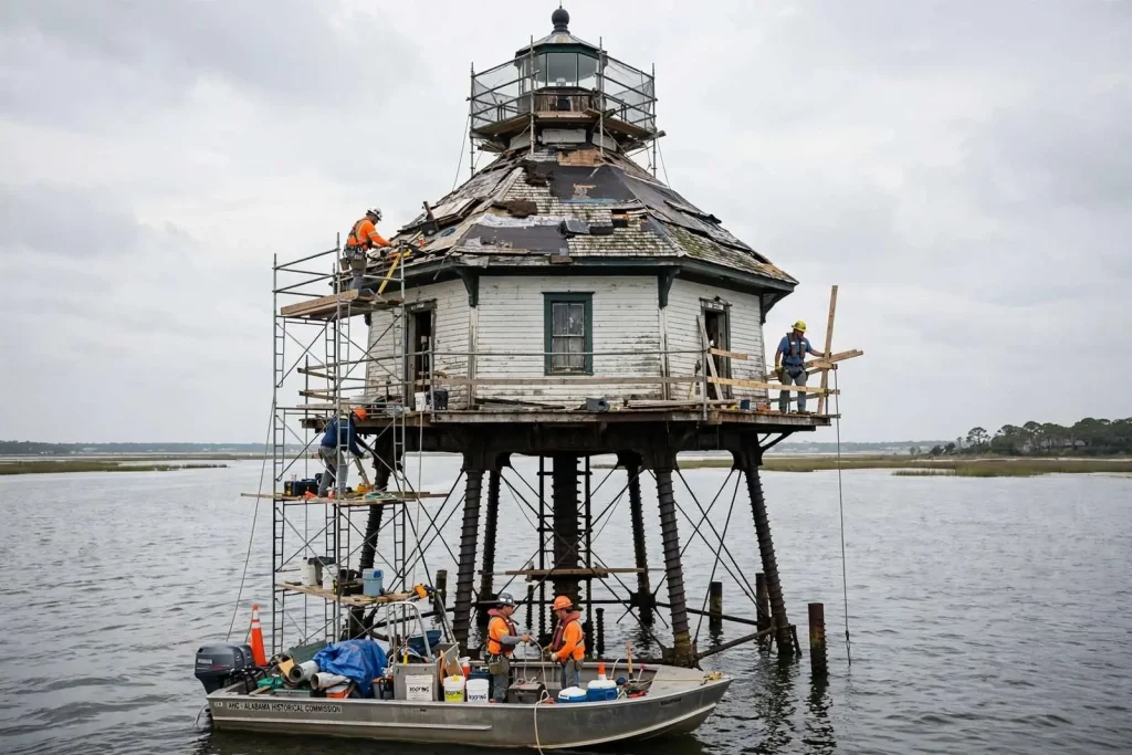 Illustration for the news story: Crews Work to Preserve Mobile Bay’s Middle Bay Lighthouse After 140 Years