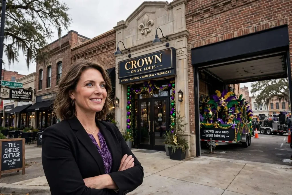 Illustration for the news story: Crown on St. Louis: Sarah Clark Bets Big on Mobile’s Mardi Gras Future With a 30,000-Square-Foot Event Palace