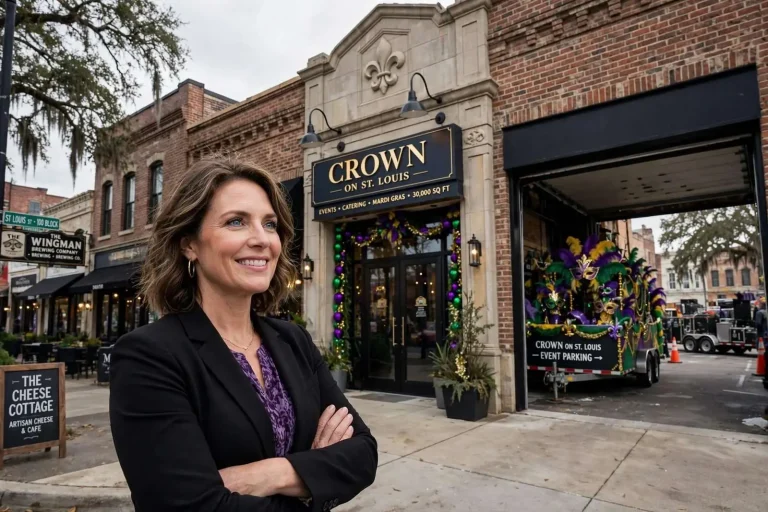 Illustration for the news story: Crown on St. Louis: Sarah Clark Bets Big on Mobile’s Mardi Gras Future With a 30,000-Square-Foot Event Palace