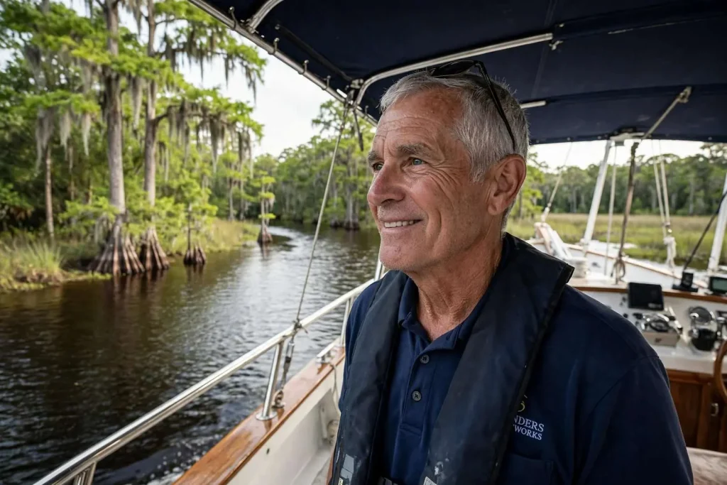 Illustration for the news story: Cruising the Perdido: Andrew Saunders, the Yachtworks Builder Who Helps Keep the River Wild
