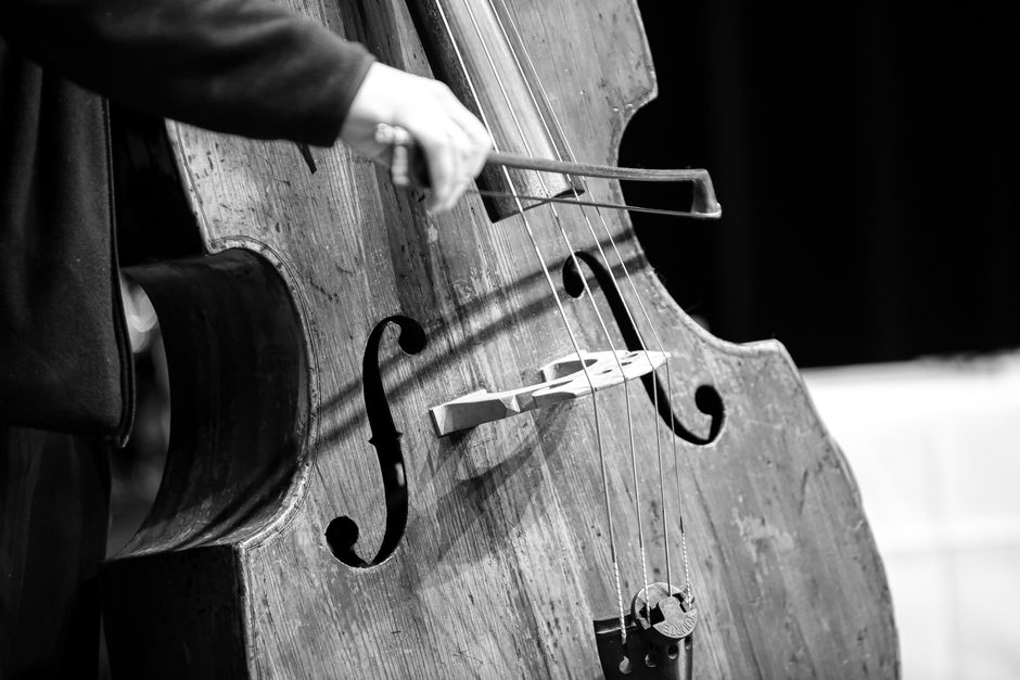 A musician performing with an upright double bass