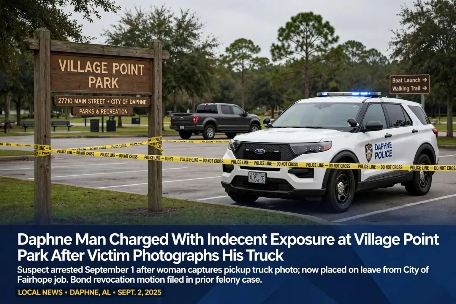 Illustration for the news story: Daphne Man Charged With Indecent Exposure at Village Point Park After Victim Photographs His Truck