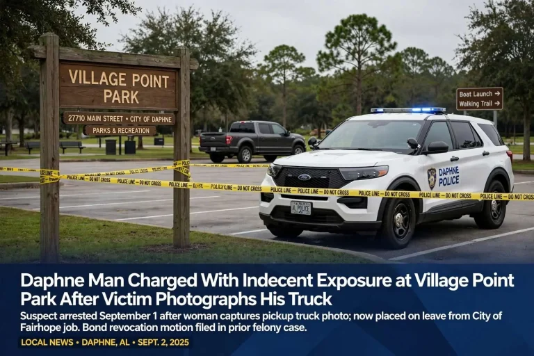 Illustration for the news story: Daphne Man Charged With Indecent Exposure at Village Point Park After Victim Photographs His Truck