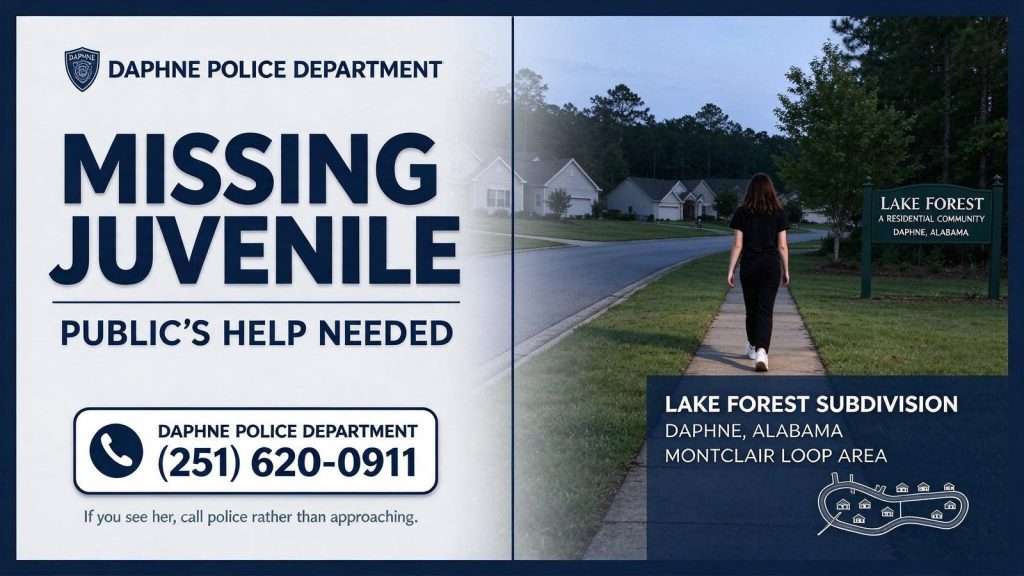 Illustration for the news story: Daphne Police Ask for Public’s Help Finding Missing Juvenile Last Seen in Lake Forest
