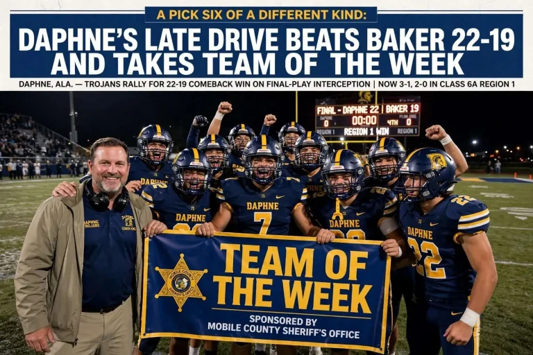 Illustration for the news story: A Pick Six of a Different Kind: Daphne’s Late Drive Beats Baker 22-19 and Takes Team of the Week