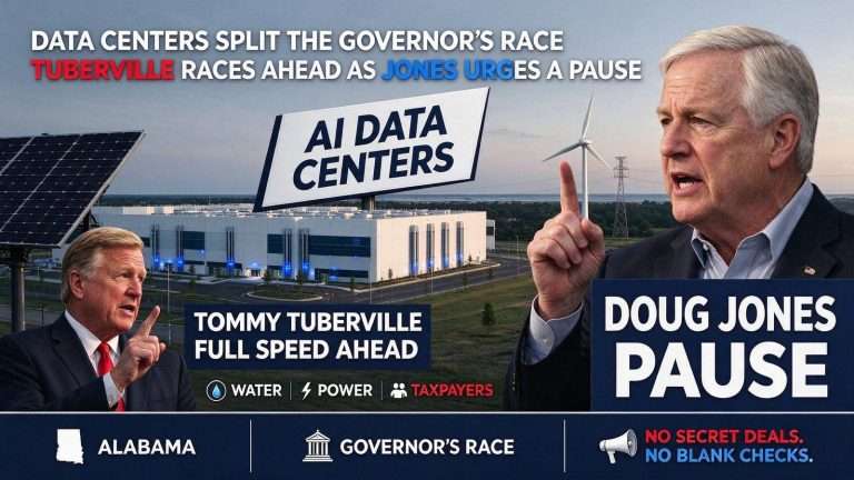 Illustration for the news story: Data Centers Split the Governor’s Race: Tuberville Races Ahead as Jones Urges a Pause