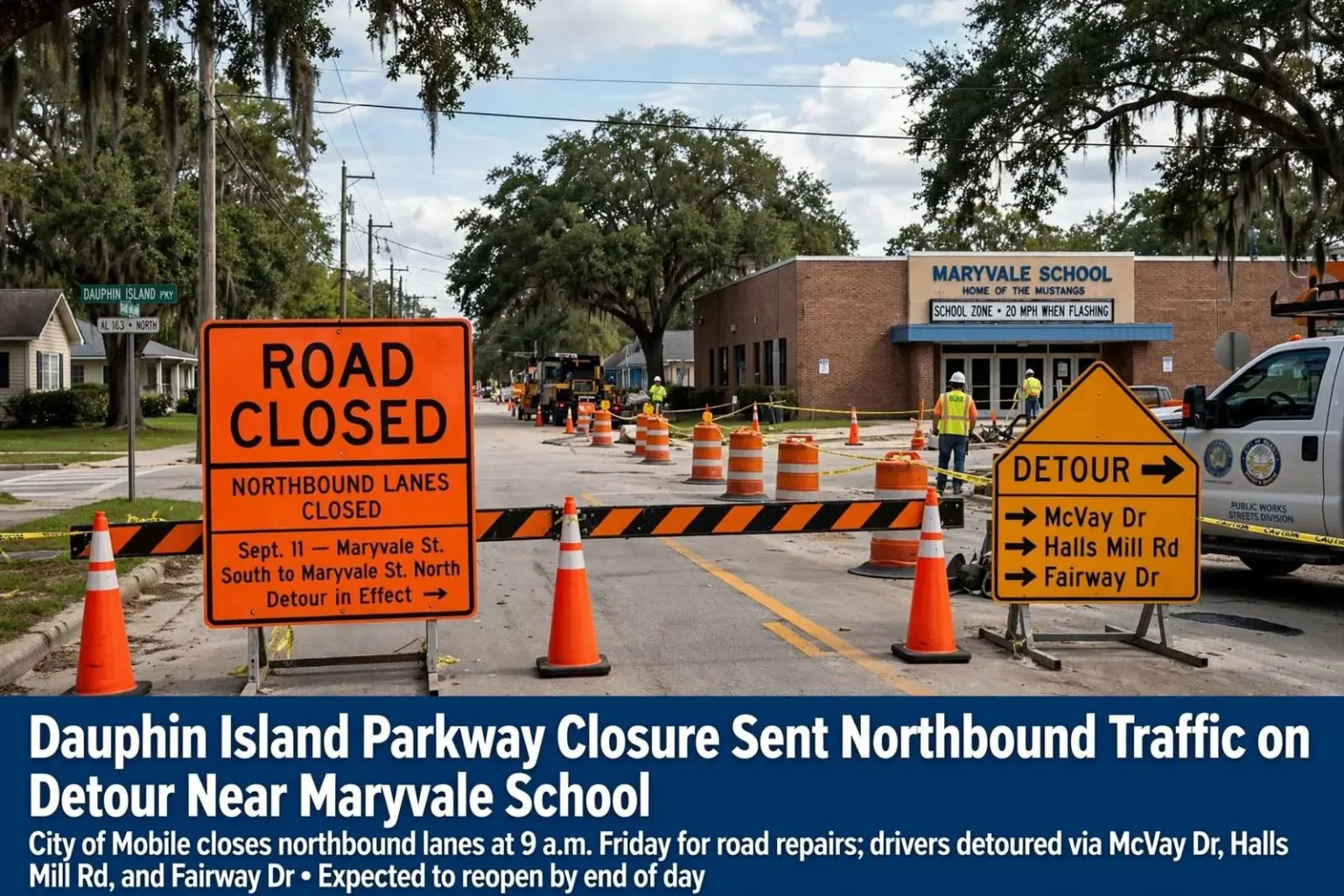 Illustration for the news story: Dauphin Island Parkway Closure Sent Northbound Traffic on Detour Near Maryvale School