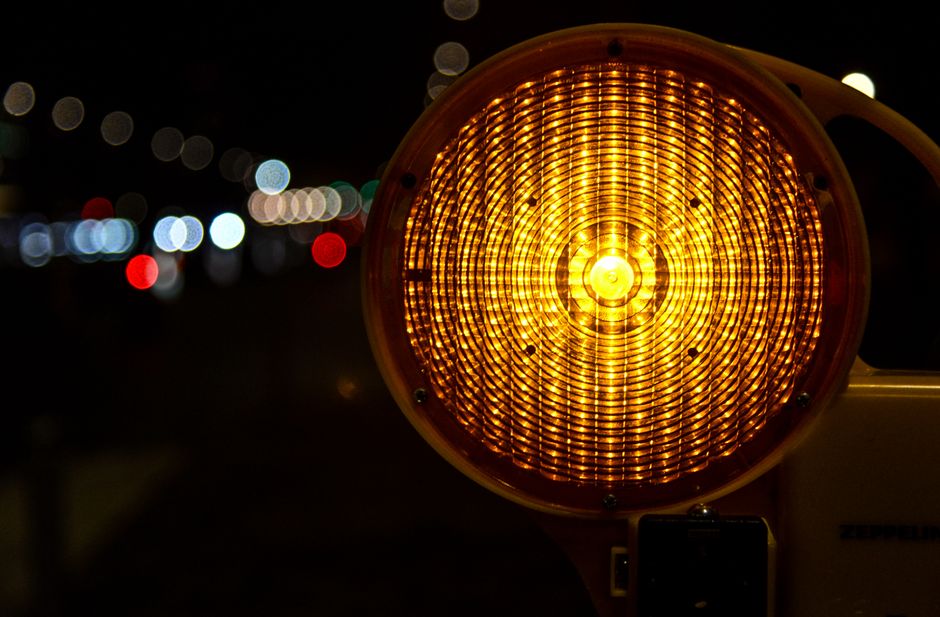 A traffic signal at a road construction project in an urban corridor