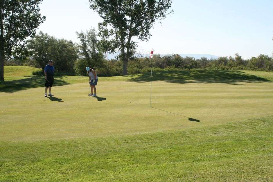A golfer lining up a putt on a manicured putting green