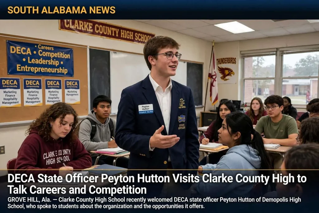 Illustration for the news story: DECA State Officer Peyton Hutton Visits Clarke County High to Talk Careers and Competition