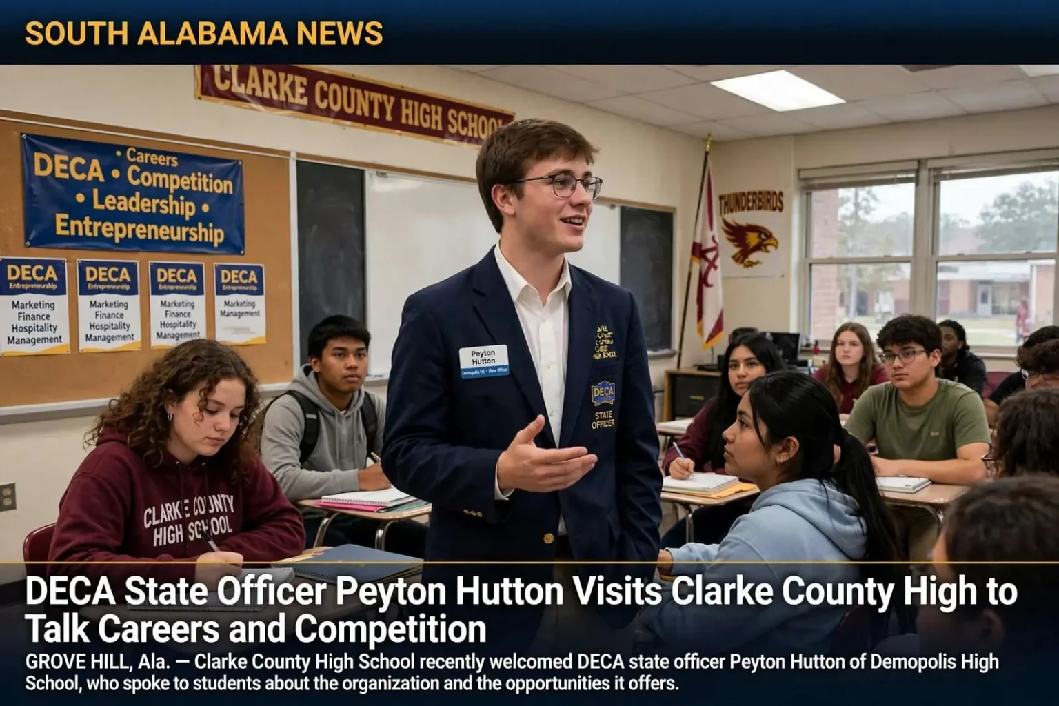 Illustration for the news story: DECA State Officer Peyton Hutton Visits Clarke County High to Talk Careers and Competition