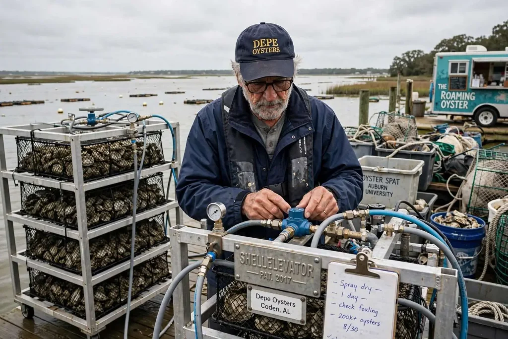 Illustration for the news story: Depe Oysters: A Retired FDA Microbiologist Is Farming Gulf Oysters in Coden — and Inventing the Equipment to Do It