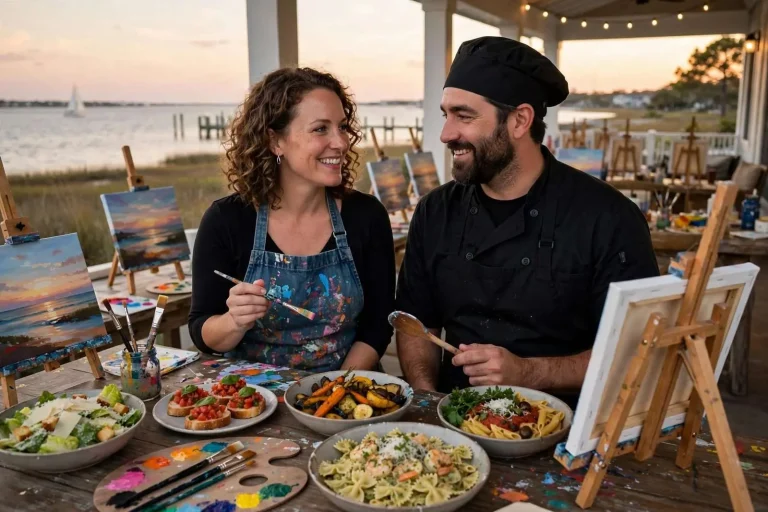 Illustration for the news story: Dinner and a Canvas: The Rhode Island Couple Bringing Pasta and Paint Evenings to Mobile Bay