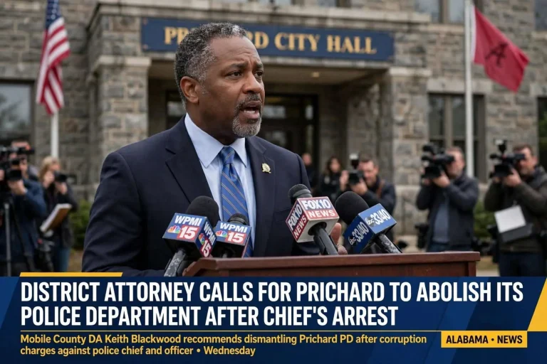 Illustration for the news story: District Attorney Calls for Prichard to Abolish Its Police Department After Chief’s Arrest