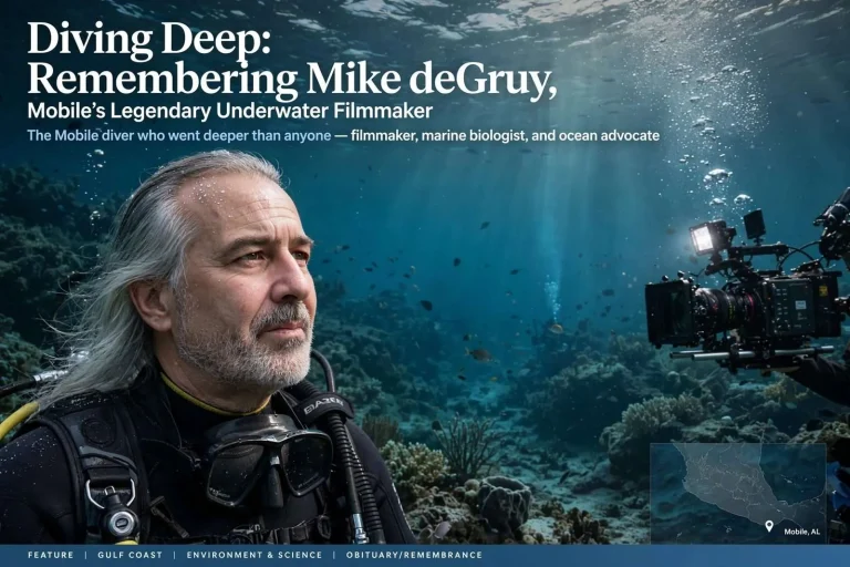 Illustration for the news story: Diving Deep: Remembering Mike deGruy, Mobile’s Legendary Underwater Filmmaker