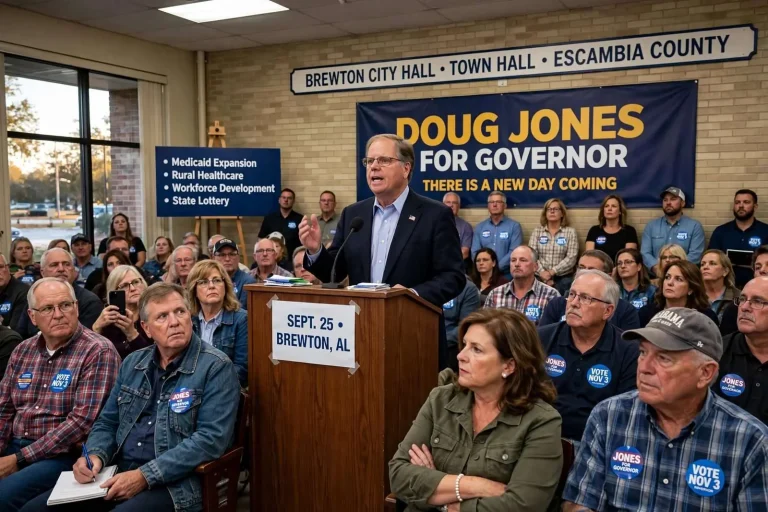 Illustration for the news story: Doug Jones Tells Packed Brewton City Hall “There Is a New Day Coming” as Governor’s Race Enters Final Weeks