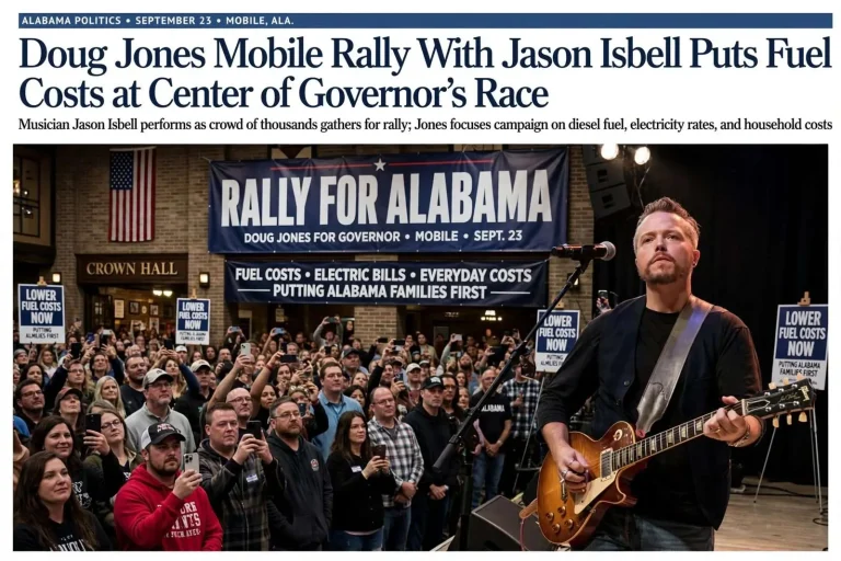 Illustration for the news story: Doug Jones Mobile Rally With Jason Isbell Puts Fuel Costs at Center of Governor’s Race