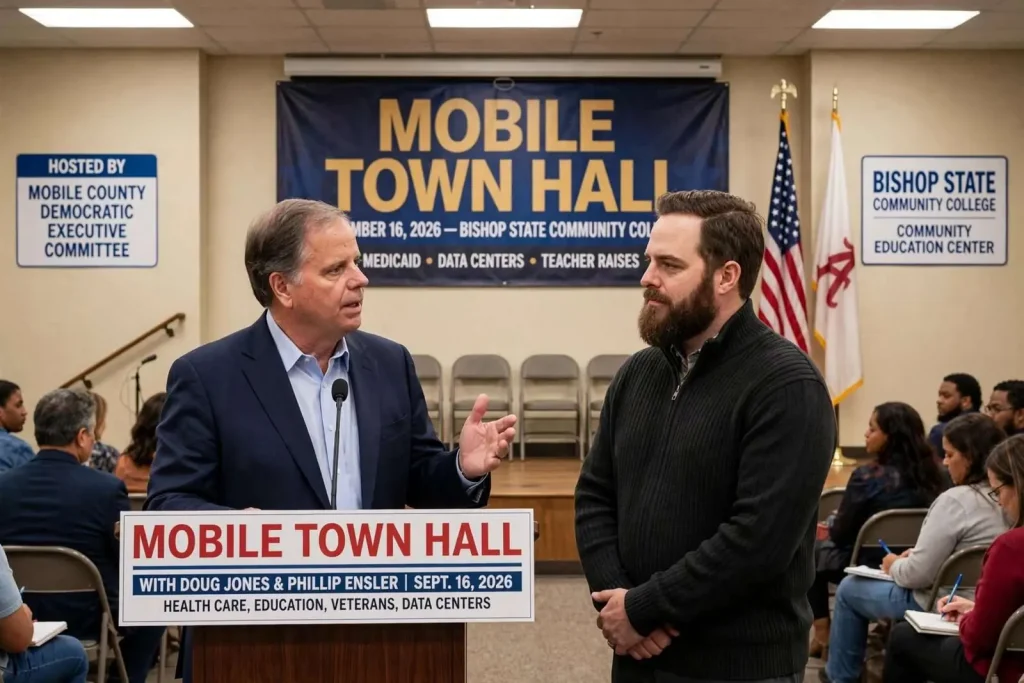 Illustration for the news story: Medicaid, Data Centers and a Teacher Raise: What Doug Jones and Phillip Ensler Told a Mobile Town Hall