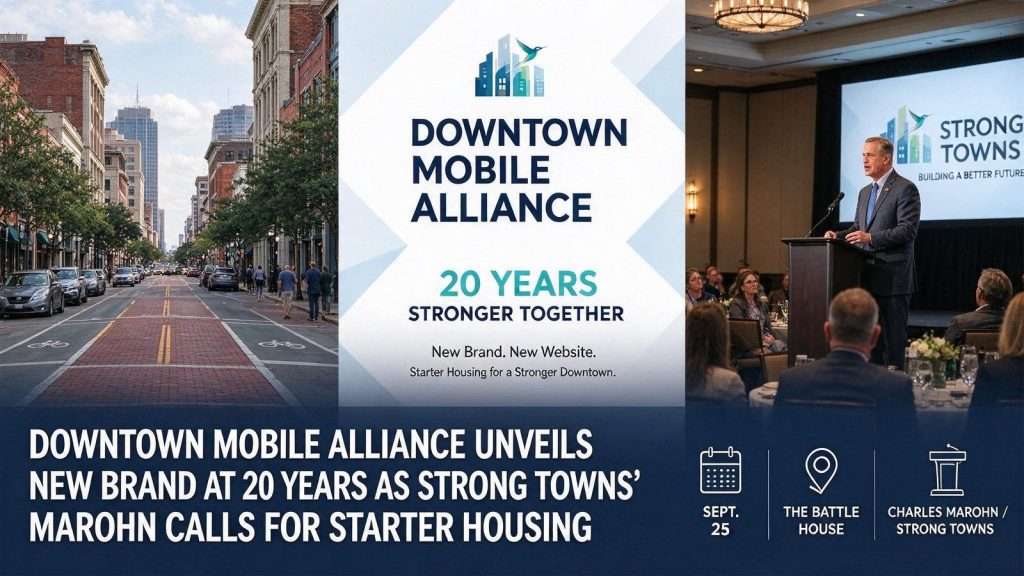 Illustration for the news story: Downtown Mobile Alliance Unveils New Brand at 20 Years as Strong Towns’ Marohn Calls for Starter Housing