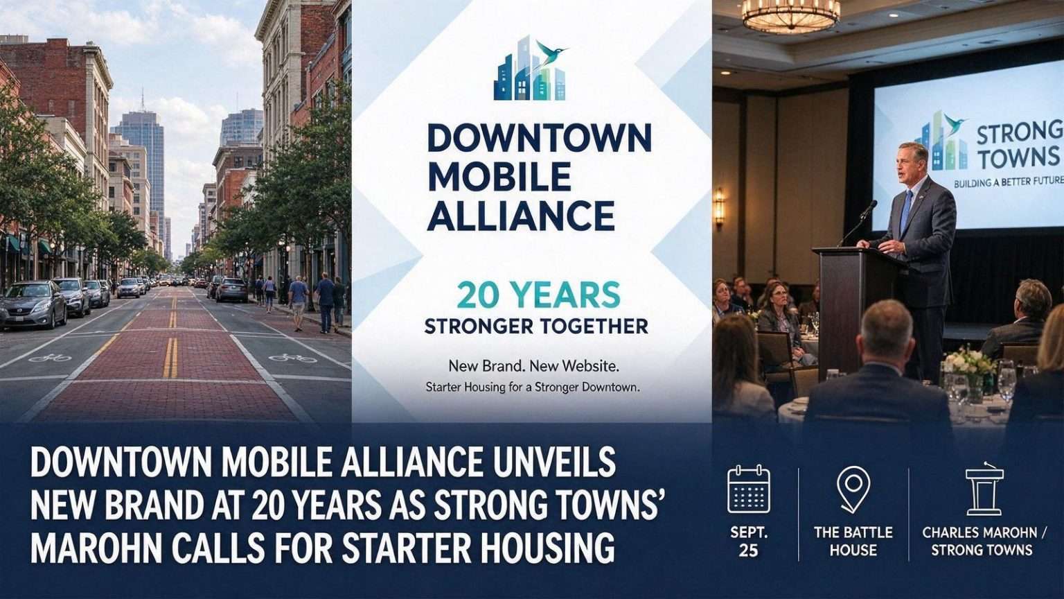 Illustration for the news story: Downtown Mobile Alliance Unveils New Brand at 20 Years as Strong Towns’ Marohn Calls for Starter Housing