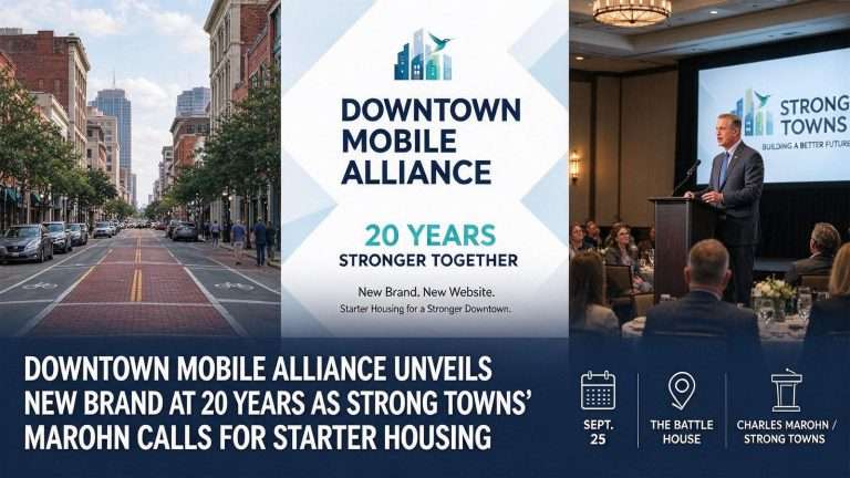Illustration for the news story: Downtown Mobile Alliance Unveils New Brand at 20 Years as Strong Towns’ Marohn Calls for Starter Housing