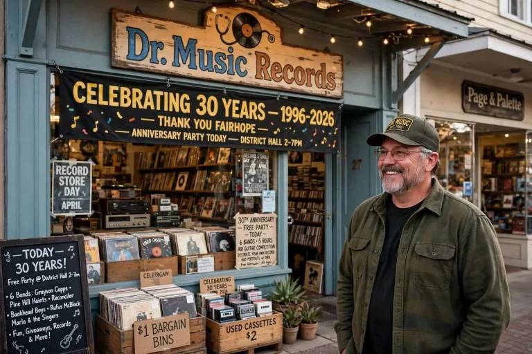 Illustration for the news story: Dr. Music Turns 30: The Story Behind Fairhope’s Beloved Record Store