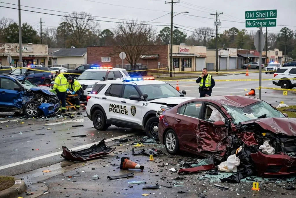 Illustration for the news story: Driver Hospitalized After Police Chase Ends in Multi-Vehicle Crash Near Old Shell and McGregor