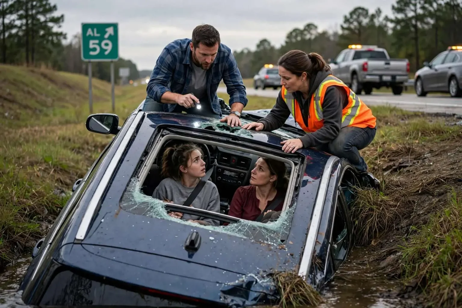 Illustration for the news story: Drivers Tore Open a Sunroof to Reach a Teen and a Woman Trapped in a Rollover on Alabama 59