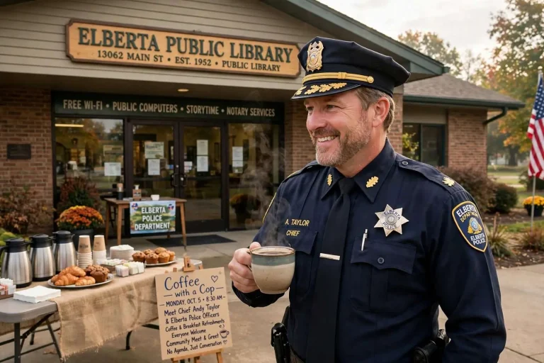 Illustration for the news story: Meet Elberta’s New Police Chief Over Coffee: Library Hosts Coffee with a Cop Oct. 5