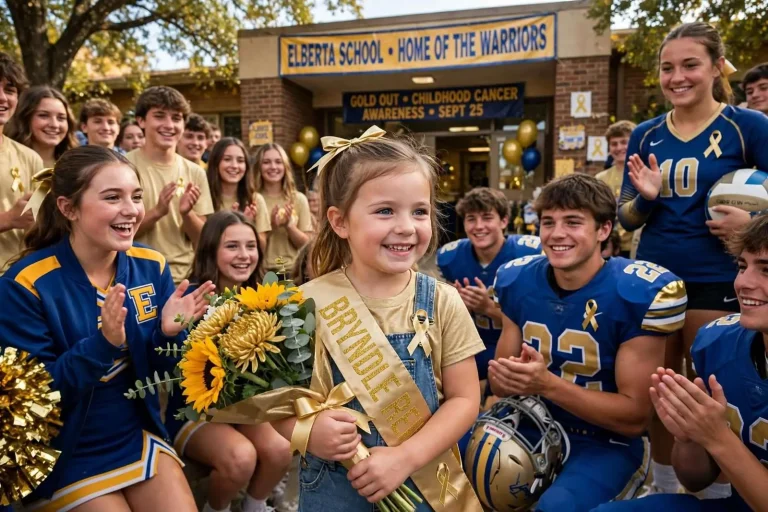 Illustration for the news story: Flowers, a Sash and a Cheering Crowd: Elberta School Celebrates 6-Year-Old Bryndle Reid