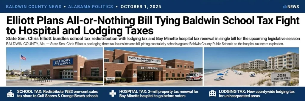 Illustration for the news story: Elliott Plans All-or-Nothing Bill Tying Baldwin School Tax Fight to Hospital and Lodging Taxes