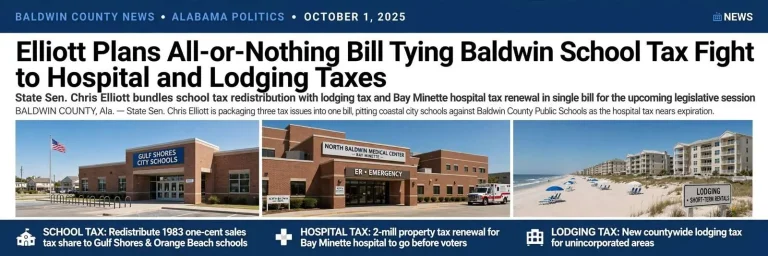 Illustration for the news story: Elliott Plans All-or-Nothing Bill Tying Baldwin School Tax Fight to Hospital and Lodging Taxes
