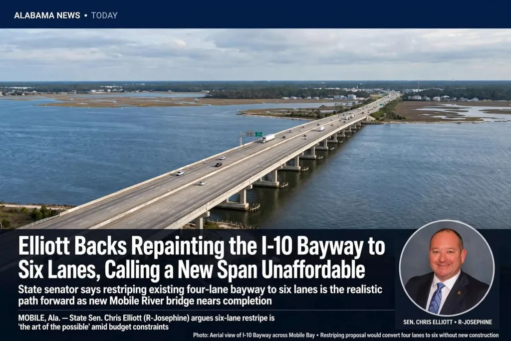 Illustration for the news story: Elliott Backs Repainting the I-10 Bayway to Six Lanes, Calling a New Span Unaffordable