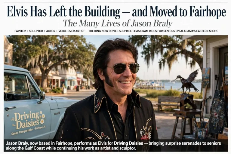 Illustration for the news story: Elvis Has Left the Building — and Moved to Fairhope: The Many Lives of Jason Braly