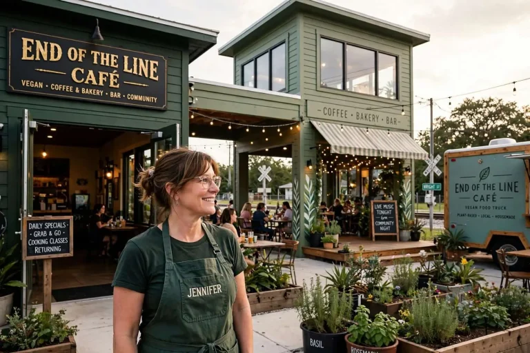 Illustration for the news story: End of the Line Café Grows Up: Jennifer Knight’s Three-Year Expansion Turns a Pensacola Vegan Favorite Into a Community Space