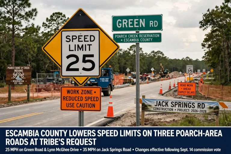 Illustration for the news story: Escambia County Lowers Speed Limits on Three Poarch-Area Roads at Tribe’s Request