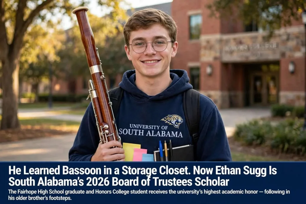 Illustration for the news story: He Learned Bassoon in a Storage Closet. Now Ethan Sugg Is South Alabama’s 2026 Board of Trustees Scholar.
