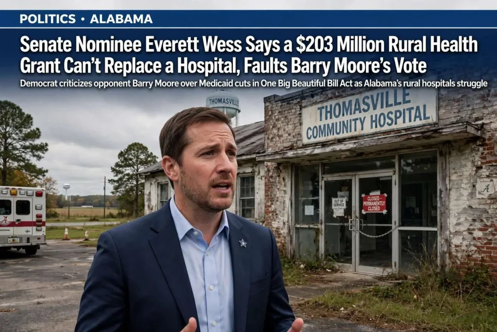 Illustration for the news story: Senate Nominee Everett Wess Says a $203 Million Rural Health Grant Can’t Replace a Hospital, Faults Barry Moore’s Vote