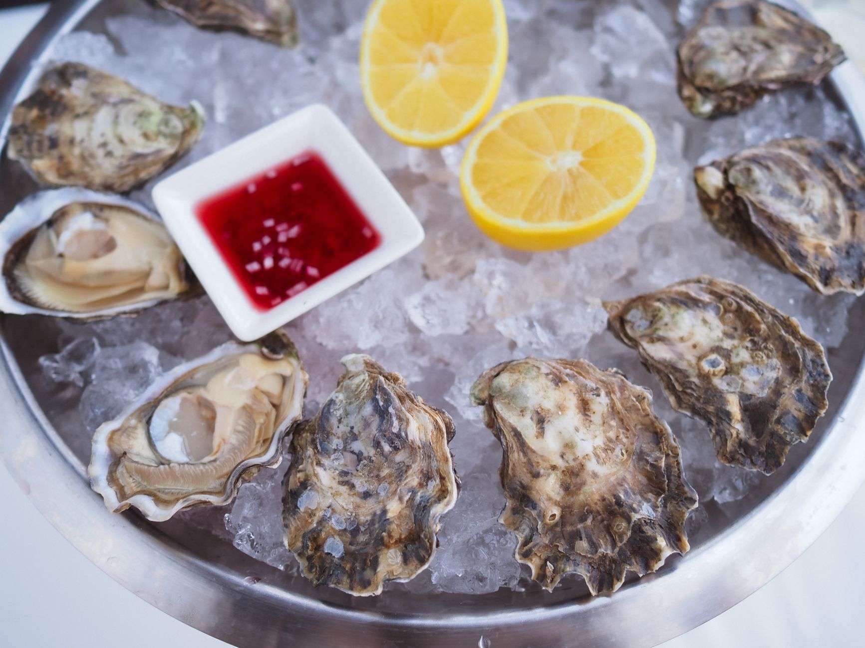 Fresh oysters on the half shell arranged on ice