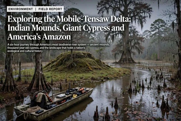 Illustration for the news story: Exploring the Mobile-Tensaw Delta with Ben Raines: Indian Mounds, Giant Cypress and America’s Amazon