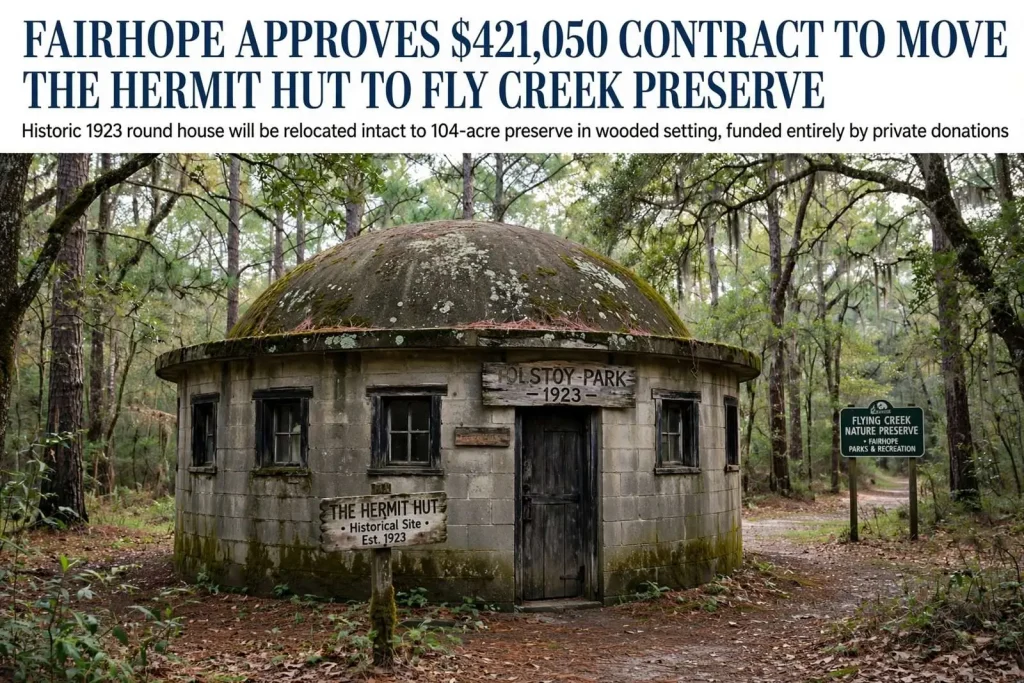 Illustration for the news story: Fairhope Approves $421,050 Contract to Move the Hermit Hut to Fly Creek Preserve