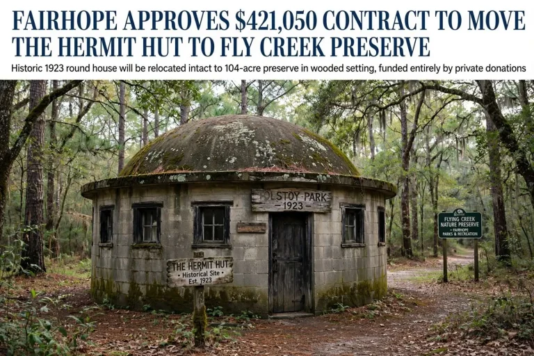 Illustration for the news story: Fairhope Approves $421,050 Contract to Move the Hermit Hut to Fly Creek Preserve
