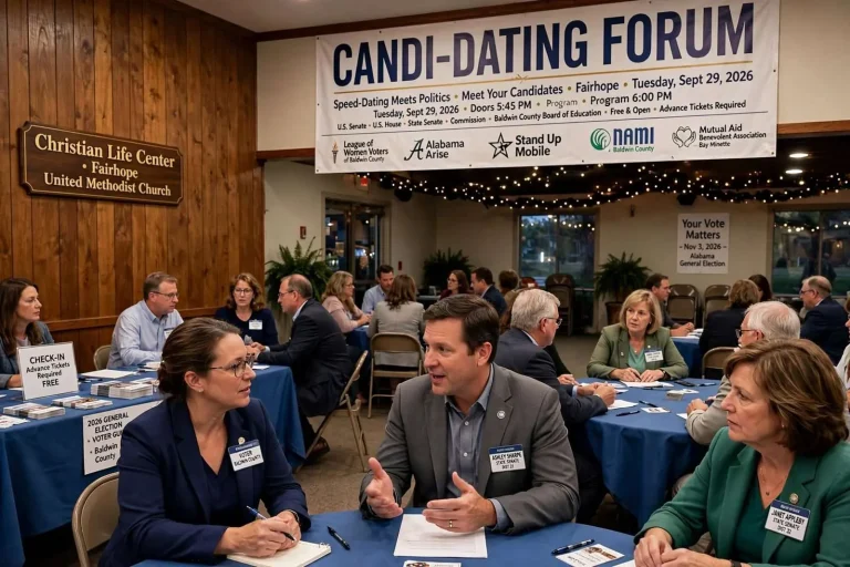 Illustration for the news story: Speed-Dating Meets Politics: Baldwin Voters Can Meet Senate, Congress and Legislative Candidates at Fairhope ‘Candi-Dating’ Forum