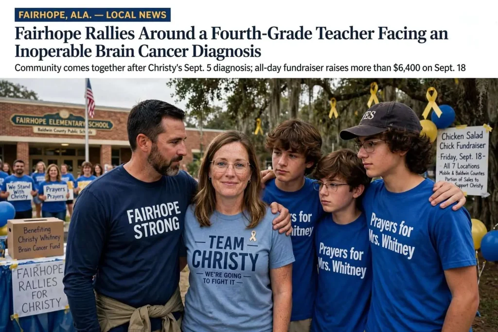 Illustration for the news story: Fairhope Rallies Around a Fourth-Grade Teacher Facing an Inoperable Brain Cancer Diagnosis