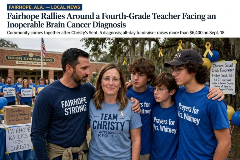 Illustration for the news story: Fairhope Rallies Around a Fourth-Grade Teacher Facing an Inoperable Brain Cancer Diagnosis